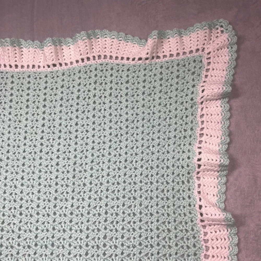 Handmade Crochet Baby Blanket Set 2pc Mint Green White Chevron Blue Multi